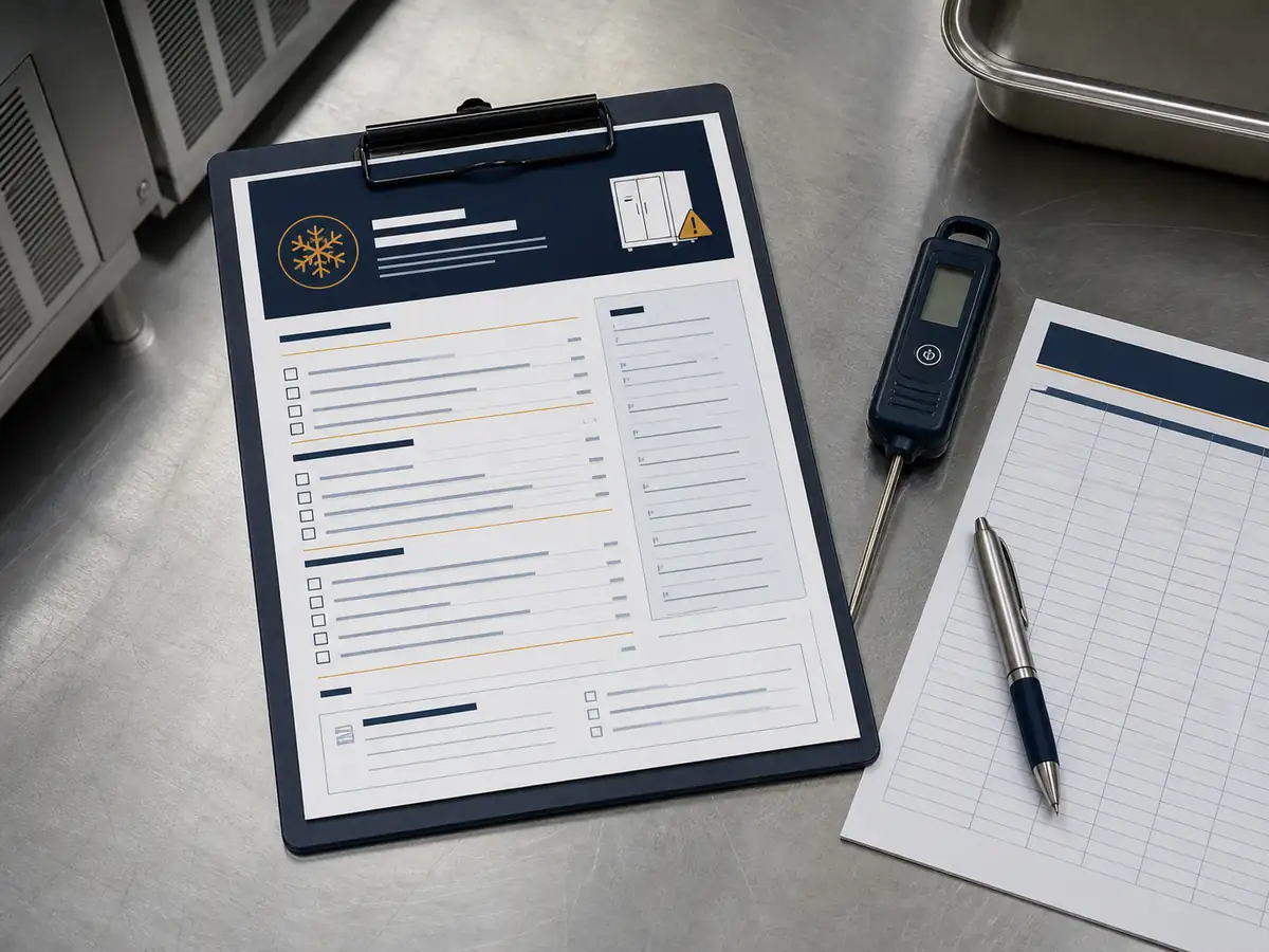 Commercial refrigeration checklist, temperature log, and probe thermometer
