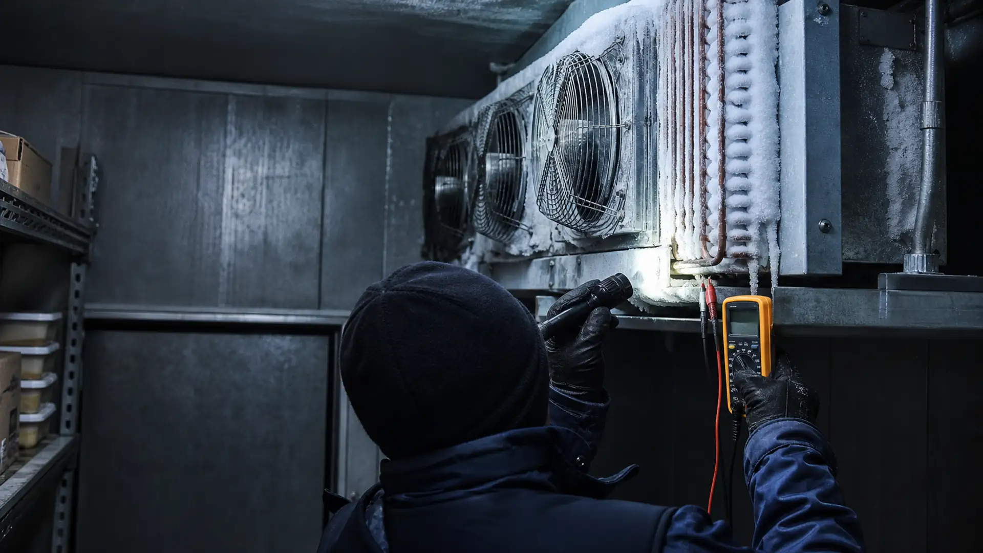 Technician inspecting an iced walk-in evaporator while preparing a Fort Worth refrigeration guide